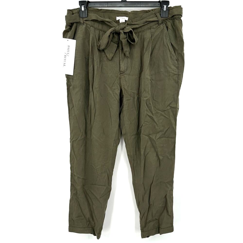 Daily Ritual Size 14 Pants‎ Olive Green Tapered Leg Bow Tie Belt Cottagecore NWT